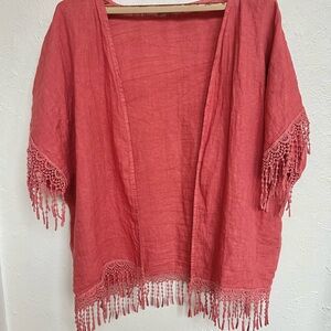 100% Italian Linen wrap boho festival top with embroidered crochet fringe
